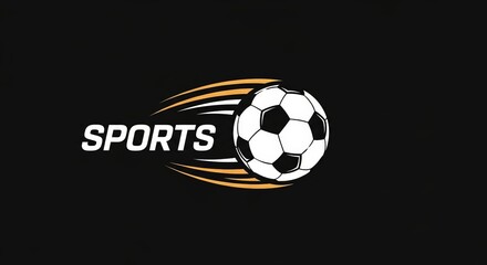 A stylized illustration of a soccer ball with motion lines and the word SPORTS beside the ball.