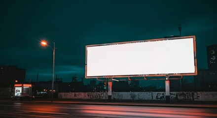 Illuminated billboard stands tall against the dark cityscape at twilight, offering a blank canvas.