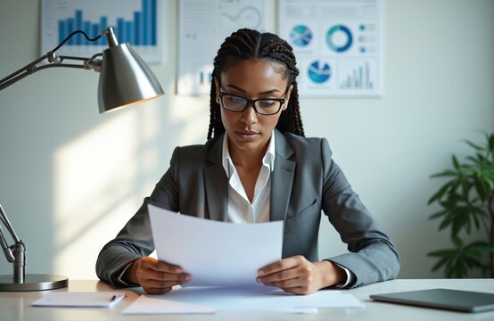 African American businesswoman reads documents at office desk. Wears glasses, gray suit. Focused woman reviews papers under desk lamp. Data charts on background wall. Professional works in modern
