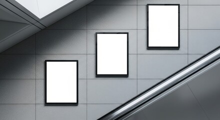 Three blank frames are mounted on a wall beside an escalator in a modern, minimalist space.