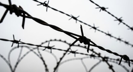 Abstract monochrome image capturing the sharp barbed wire against a soft, muted background texture