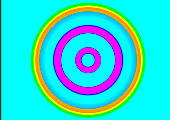 flat vector graphic featuring a series of concentric circles with a rainbow-like color palette on a bright turquoise background. The colors of the rings, 