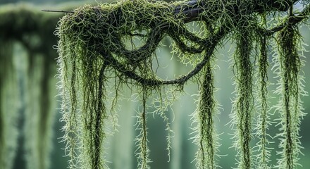 Delicate moss hangs from a branch, creating a curtain of natural texture and serene, organic beauty.