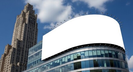Blank billboard mounted atop a modern office building is seen next to a historic skyscraper.