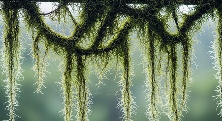 Sunlight filters through hanging strands of moss, creating a tranquil and ethereal botanical scene.