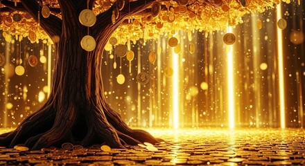A golden tree stands adorned with coins as golden light filters in a scene of prosperity and wealth