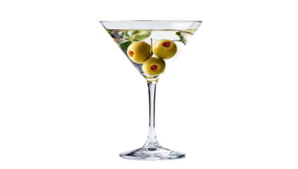 A chilled cocktail in a triangular glass with three olives inside