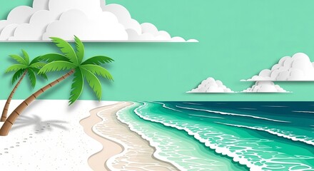 Stylized paper cut beach scene shows calming blue ocean waves and palm trees on a white sandy beach.