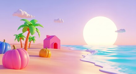 Pastel dreamscape featuring pumpkins, a house, palm trees, and a sun on a whimsical beach.