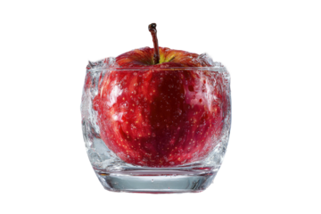 A crisp, juicy red fruit sits frozen inside a clear glass container against a black background