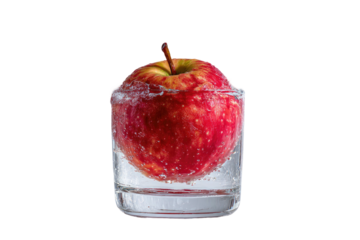 A single red apple is submerged in clear water within a transparent glass against a stark black background