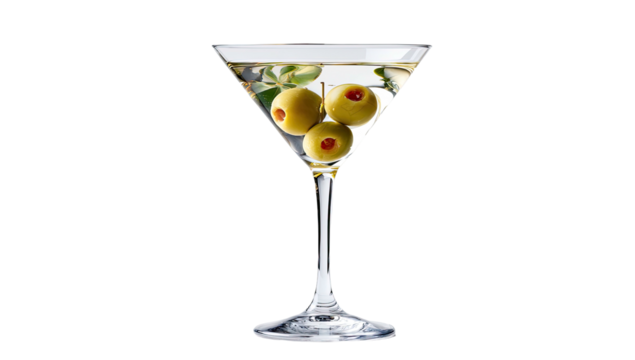 A chilled cocktail in a triangular glass with three olives inside