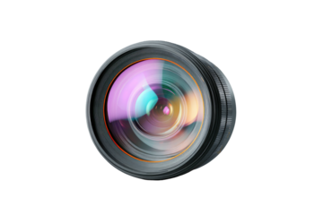 Close-up of a camera lens with colorful reflections against a black background