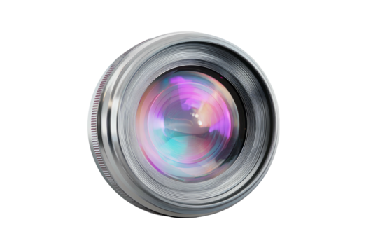 Close-up shot of a shiny metallic photographic lens with colorful reflections in the glass