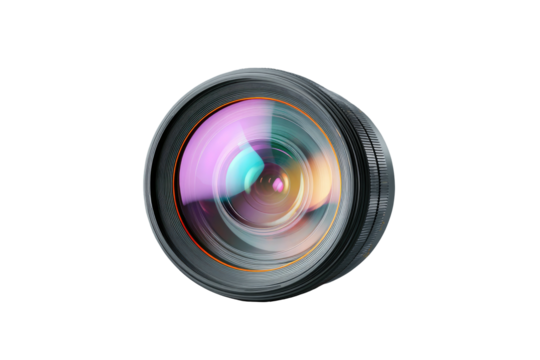 Close-up of a camera lens with colorful reflections against a black background - Powered by Adobe