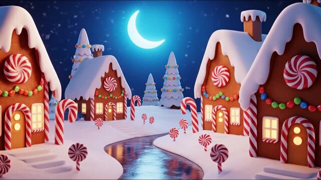 magical winter night in a whimsical gingerbread village. The scene opens under a glowing crescent moon