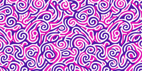 Vibrant seamless abstract pattern featuring psychedelic organic swirls and fluid lines in bright pink and purple, ideal for backgrounds or textile designs