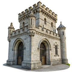 Fototapeta premium A small stone castle with turrets and arched doorways, isolated on transparent background