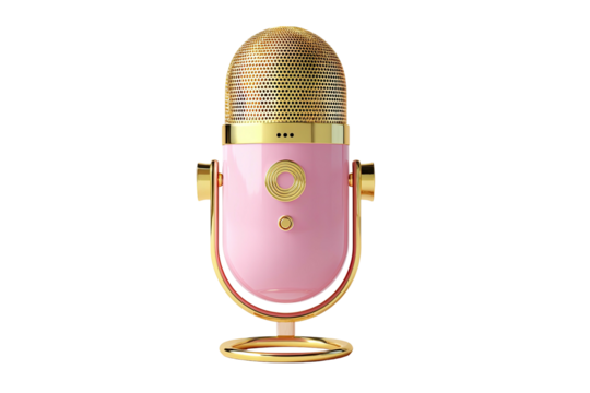 A sleek, vintage-inspired microphone in pastel pink and gold. Isolated against a dark background