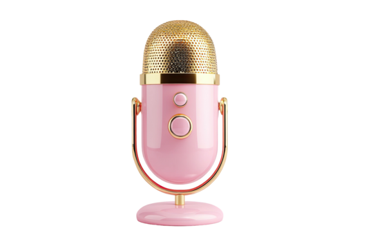 Isolated rendering of a pink and gold-accented audio microphone against a black background