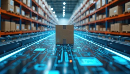 Cardboard box moves on futuristic conveyor belt in automated warehouse with digital circuit patterns. Smart logistics system with glowing blue lines and data visualization tracks shipment.