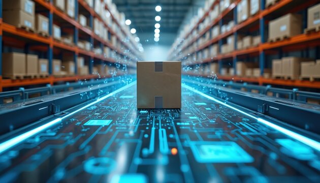 Cardboard box moves on futuristic conveyor belt in automated warehouse with digital circuit patterns. Smart logistics system with glowing blue lines and data visualization tracks shipment.