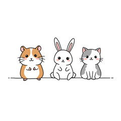 Fototapeta premium Cute cartoon hamster rabbit and cat sitting together on a line.