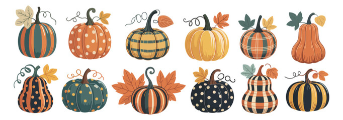 Set of colorful decorative pumpkins in plaid, striped, and polka dot patterns. Autumn harvest vector illustration with leaves in orange, yellow, green, and teal tones on white background