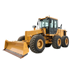 Yellow grader construction vehicle with a large blade isolated on transparent background
