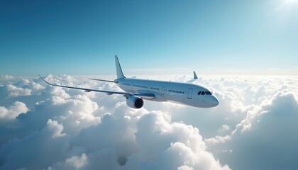 Fototapeta premium White passenger airplane flies above fluffy white clouds in clear blue sky. Plane soars through air on sunny day. Cloudscape stretches out below aircraft.