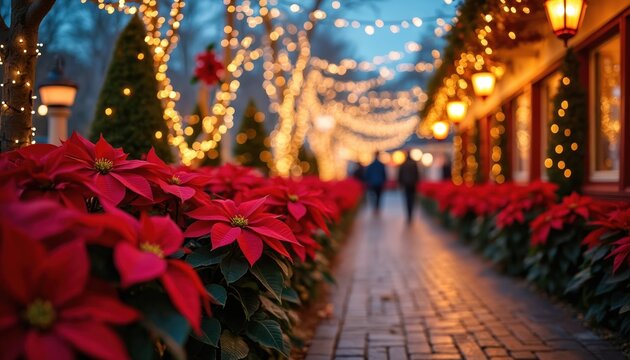 Evening scene of festive outdoor space. Pathway lined with red poinsettia flowers. Decorative lights illuminate street trees and buildings. People walk in background during holiday season.
