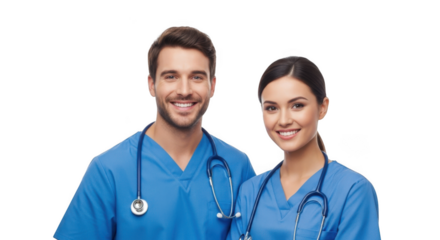 Two smiling healthcare professionals in blue scrubs wearing stethoscopes ready to help