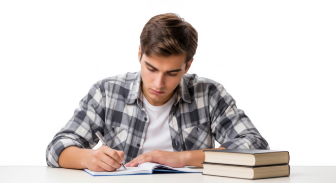 Focused student studying books and notes under bright light in a dark room
