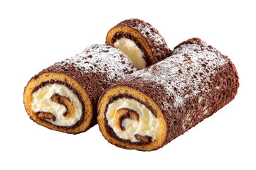 Three cake rolls, filled with cream, dusted with powdered sugar, isolated on black