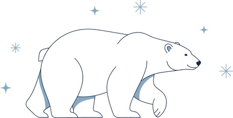 Illustrated polar bear walking in a winter scene with snowflakes falling around it creating a cold and arctic atmosphere for nature and wildlife © Sana