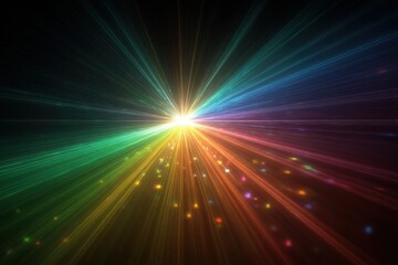Obraz premium Radiant light streaks explode outwards in rainbow colors on a black background. Perfect for a vibrant background or to illustrate energy and forward motion.