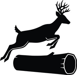 Vector deer jumping over log animal wildlife black silhouette illustration