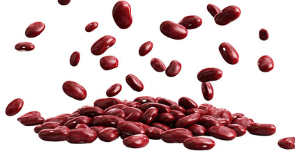 Crimson-colored beans falling onto a pile, isolated on a black background, creating a dynamic composition