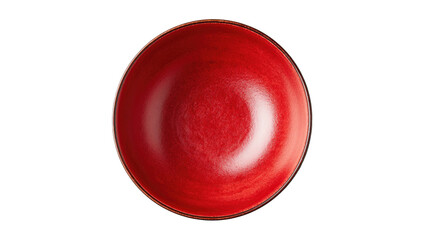 Overhead view of a vibrant, round, red ceramic bowl with a smooth, polished surface