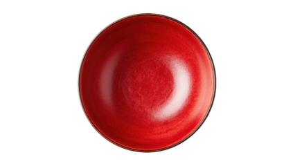 Overhead view of a vibrant, round, red ceramic bowl with a smooth, polished surface