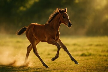 Fototapeta premium Young Foal Running in Golden Field – Freedom and Energy