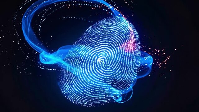 光るホログラム指紋が浮遊するサイバーセキュリティ