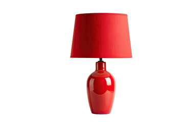 Glossy, red bedside lamp. Wide shade sits atop a smooth, shapely base. All agaisnt a black background