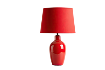 Glossy, red bedside lamp. Wide shade sits atop a smooth, shapely base. All agaisnt a black background