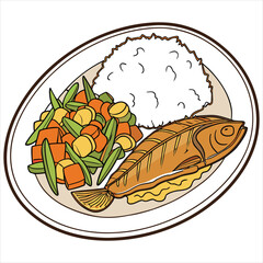 Illustration of a plate with fish, rice and vegetables