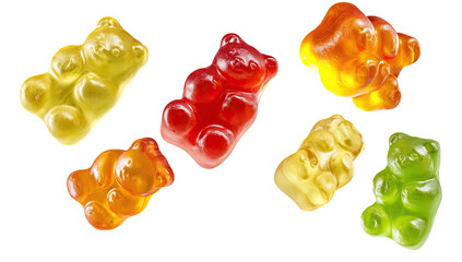 Assorted gummy bear candies on a transparent backdrop. Various flavors, isolated and appetizing