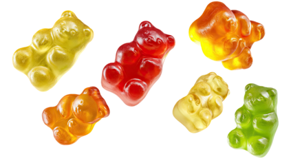 Assorted gummy bear candies on a transparent backdrop. Various flavors, isolated and appetizing