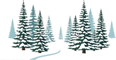 Obraz premium Snowy winter forest landscape with tall pine trees and a winding path creating a serene and peaceful christmas scene in a vector illustration