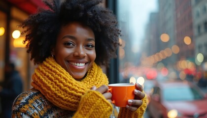 Young Black woman in NYC wears yellow scarf, holding orange mug of hot drink. She smiles warmly against blurred city lights and buildings on a cold day.