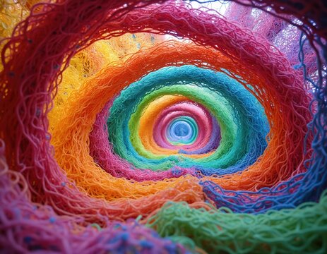 Colorful abstract tunnel made of yarn. Bright rainbow colors swirl inwards creating a vortex effect. Texture and pattern of threads form a decorative background.